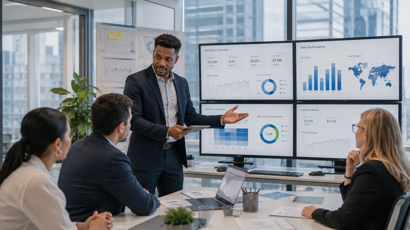 Data analyst reviewing charts and insights
